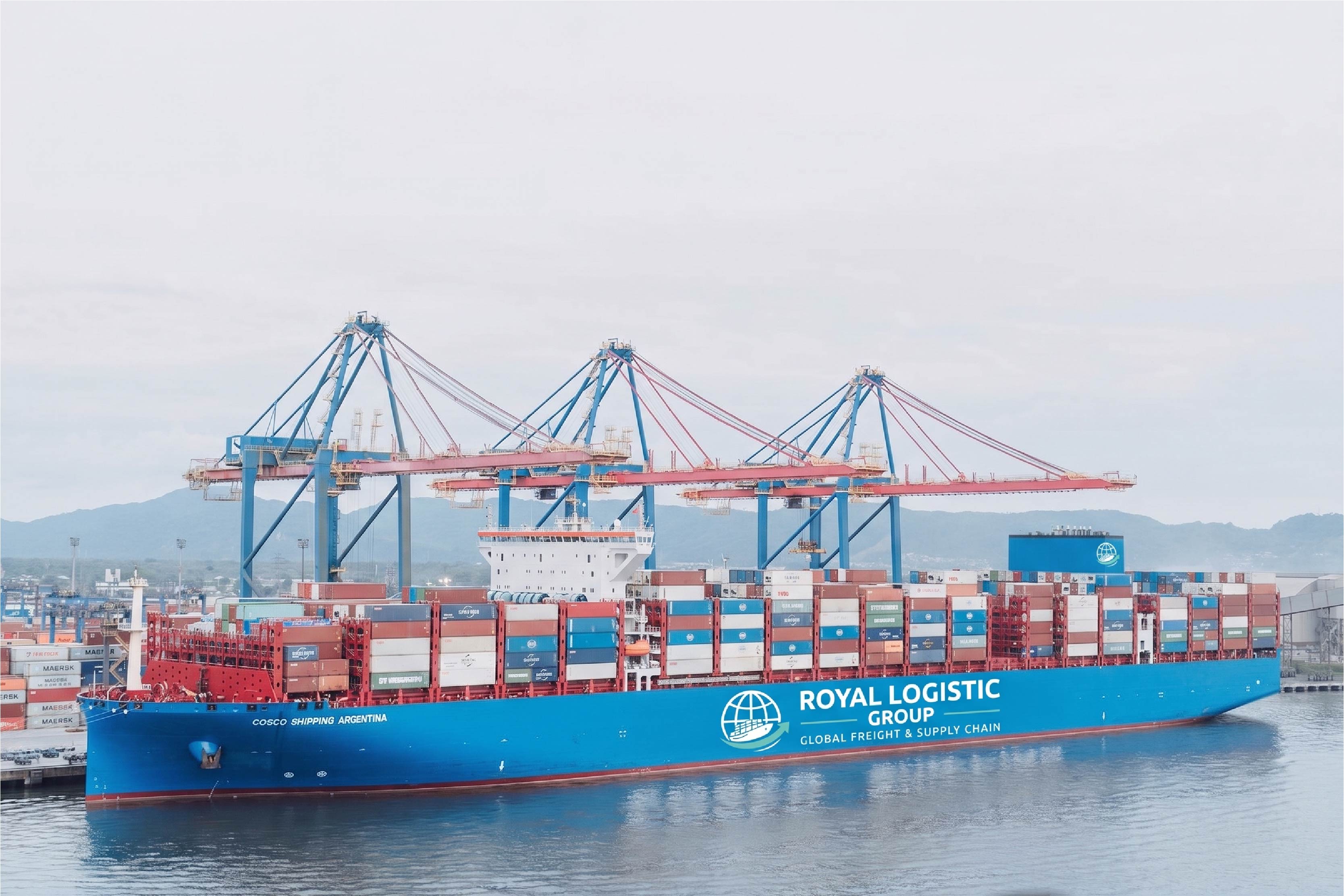 Large container ship docked at a shipping port beneath gantry cranes