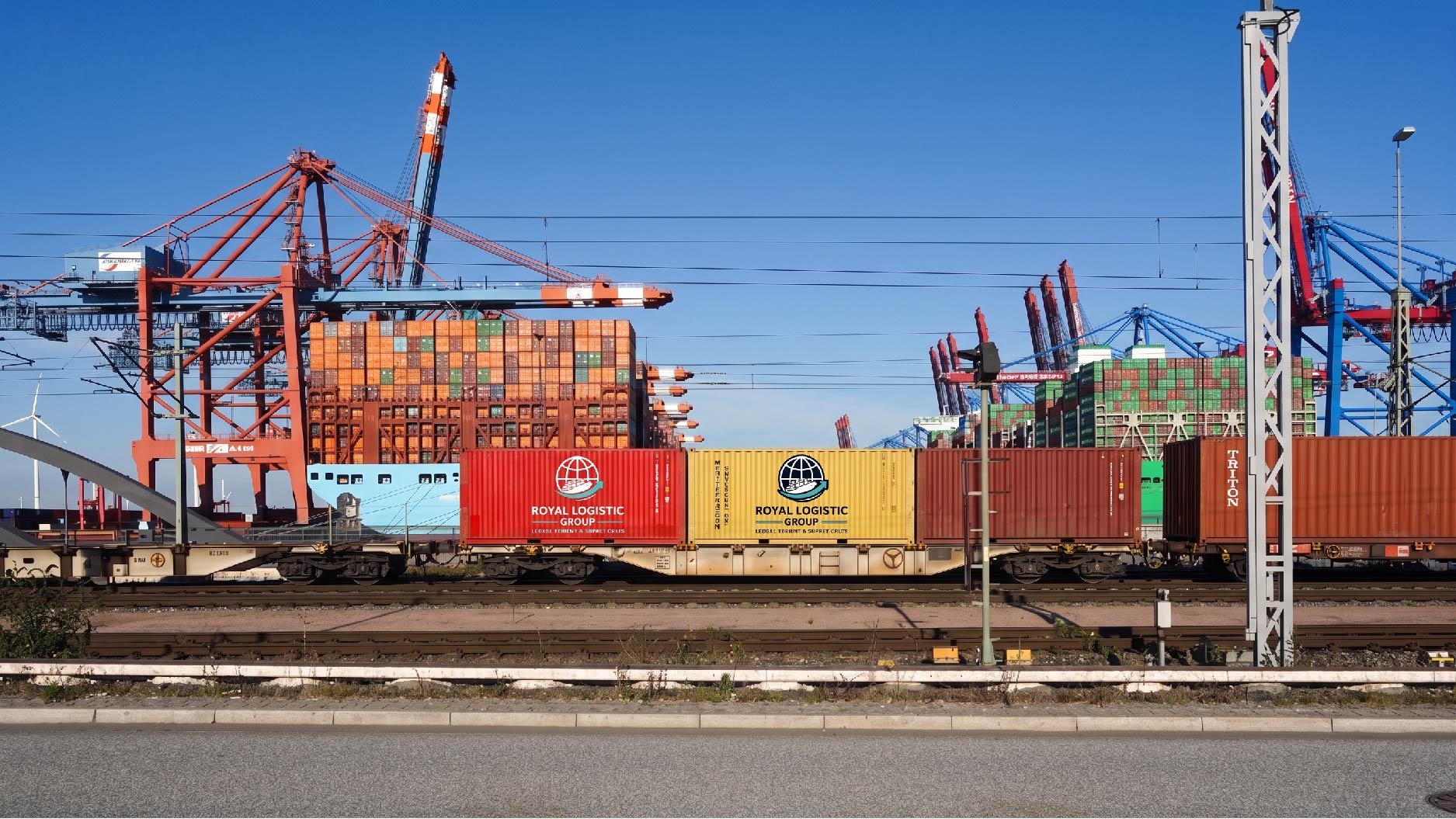 Shipping containers and gantry cranes at a container terminal