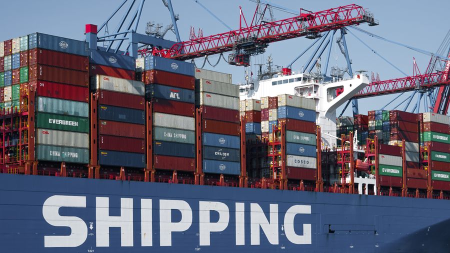 Container ship docked at port beneath loading cranes