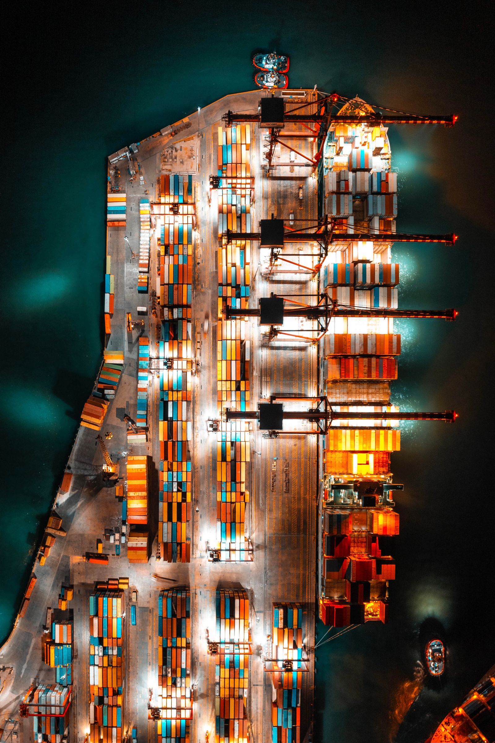 Aerial view of a freighter fully loaded with cargo containers